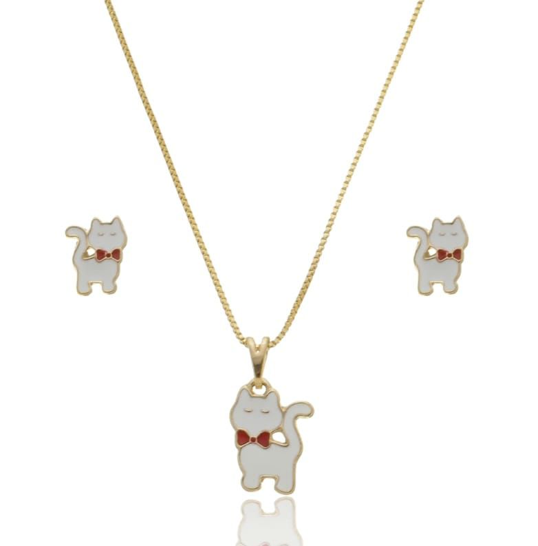 KIT COLAR + BRINCO FEMININO GATINHA.