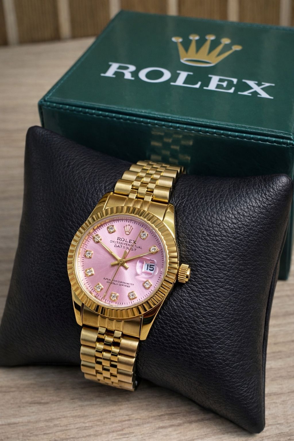 ROLEX FEMININO DOURADO FUNDO ROSA