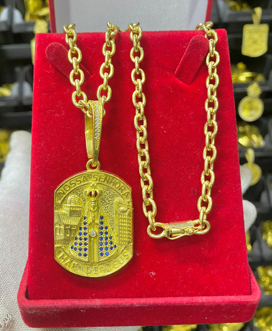 CORRENTE ELO CADEADO BOLEADO 5MM + PINGENTE NOSSA SENHORA MÃE DE DEUS.
