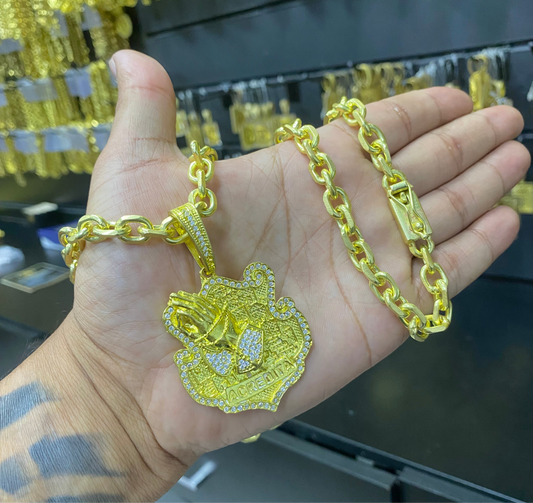 CORRENTE ELO CADEADO 8MM + PINGENTE ACREDITA MÃO ORANDO CRAVEJADO