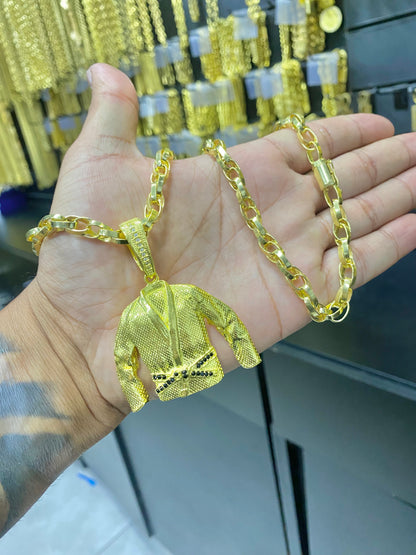 CORRENTE ELO TRANÇADO 8MM + PINGENTE FAIXA PRETA CRAVEJADO