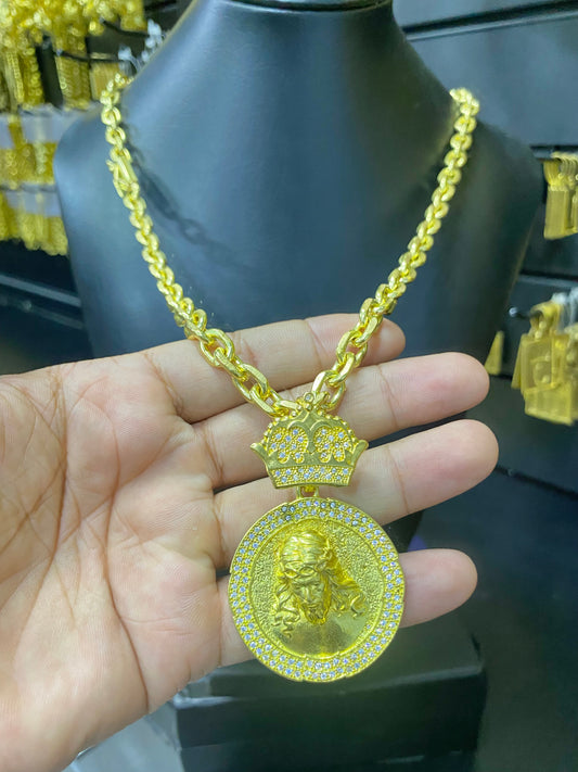 CORRENTE ELO CADEADO 8MM + PINGENTE JESUS C/COROA CRAVEJADA