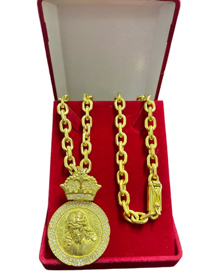 CORRENTE ELO CADEADO QUINA 12MM + PINGENTE REI JESUS BORDA CRAVEJADA - WRDJOIAS