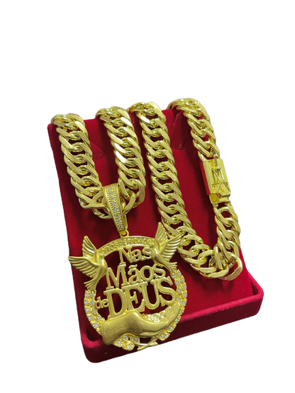 CORRENTE ELO GRUMET 18MM + PINGENTE PERSONALIZADO NAS MÃOS DE DEUS - WRDJOIAS
