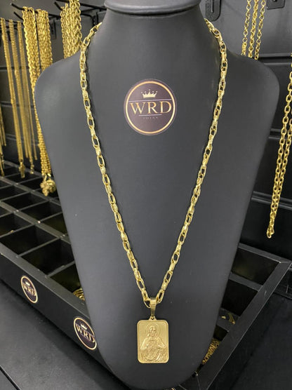 CORRENTE ELO TRANÇADO 8MM + PINGENTE PLACA JESUS QUADRADA - WRDJOIAS