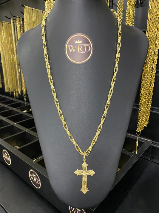 CORRENTE ELO TRANÇADO (8MM) + PINGENTE JESUS NA CRUZ - WRDJOIAS
