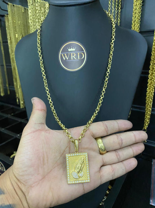 CORRENTE ELO PORTUGUES (7MM) + PINGENTE PLACA ORAÇÃO CRAVEJADA - WRDJOIAS