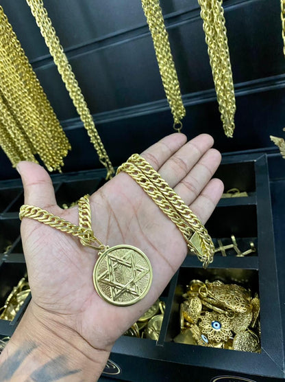 CORRENTE ELO GRUMET (10MM) + PINGENTE ESTRELA DE DAVI REDONDA FECHADA - WRDJOIAS