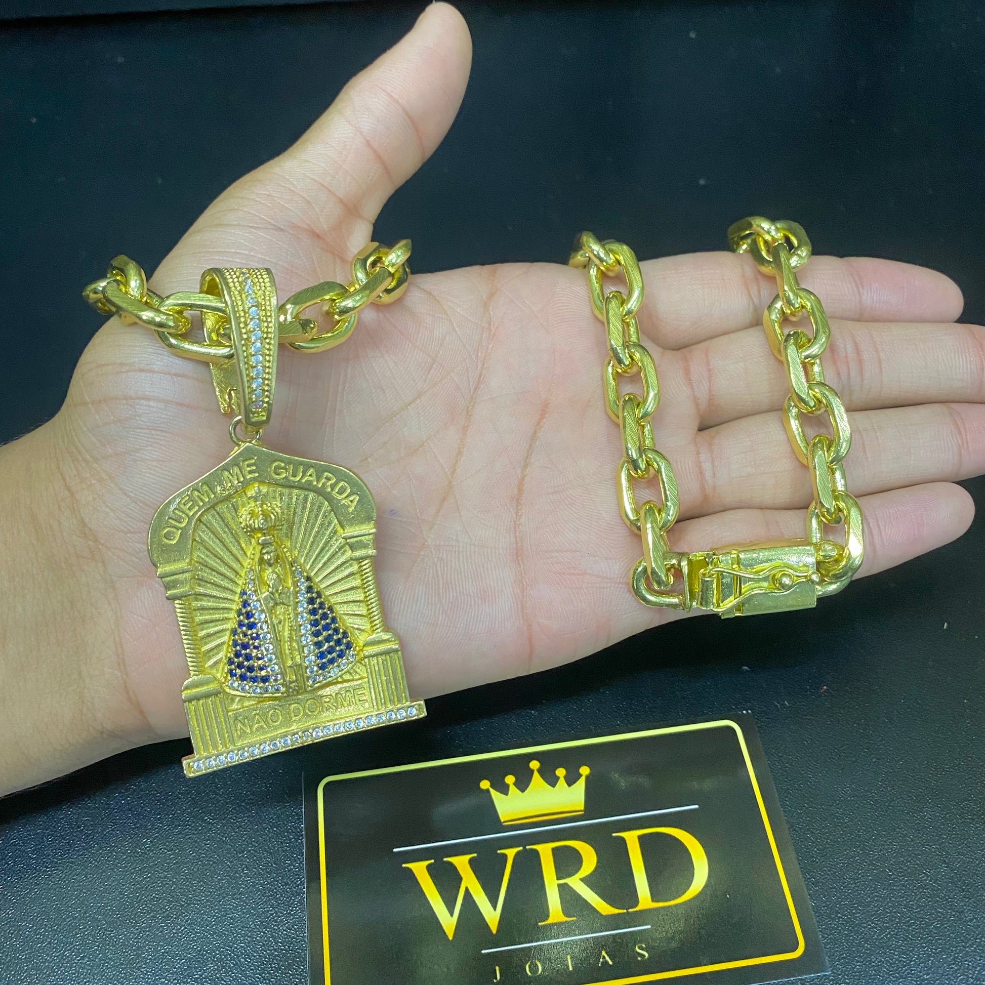 CORRENTE ELO CADEADO 14MM + PINGENTE NOSSA SENHORA - WRDJOIAS